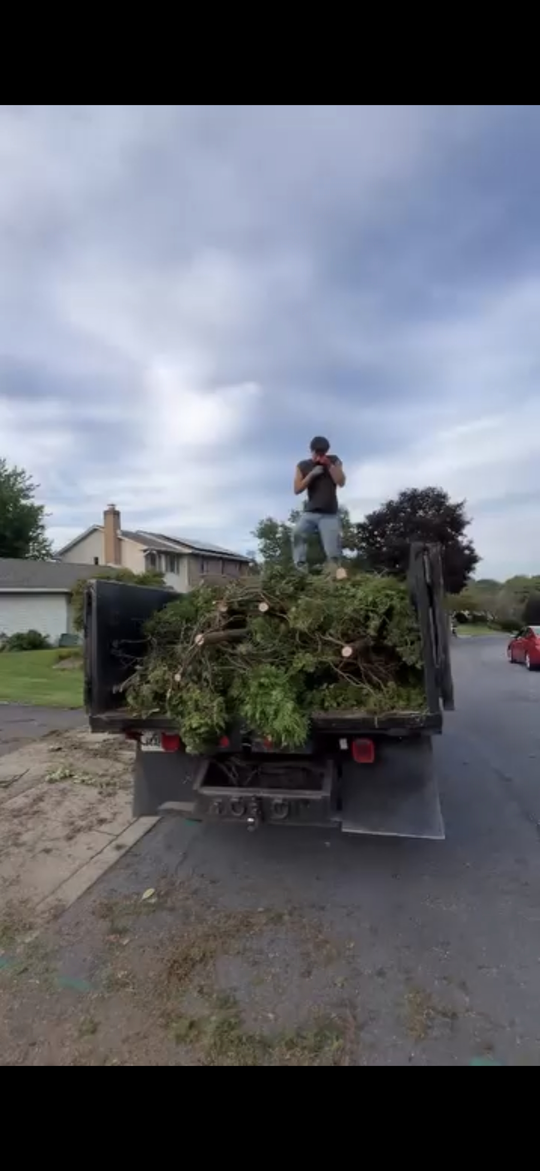 HS Hauling crew member standing on a dump truck full of tree branches during yard waste removal